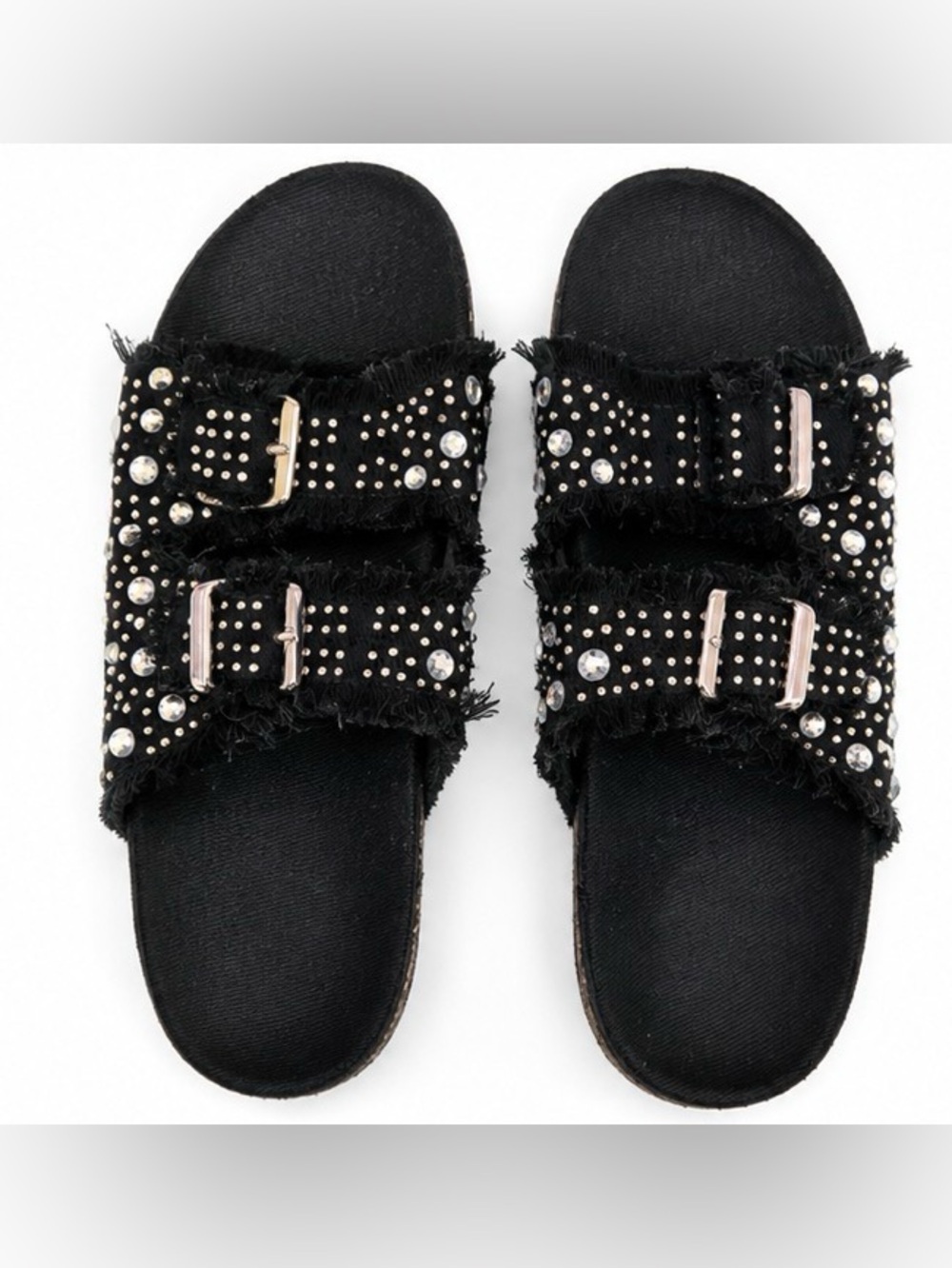 SHEIN Black Studded Double-Buckle Slide Sandals with Crystal Accents